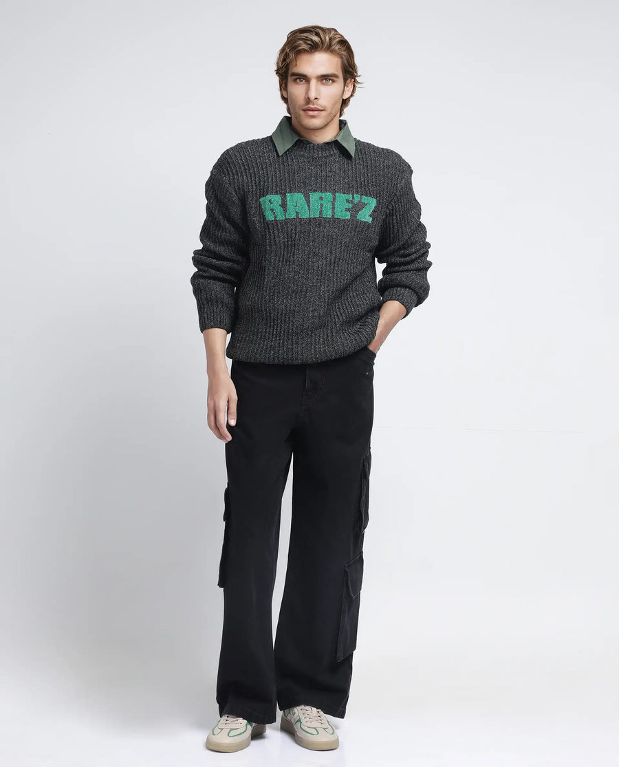Rare Rabbit Men's Batten Dark Grey Cotton Brand Logo Print Regular Fit Full Sleeve Crew Neck Sweater