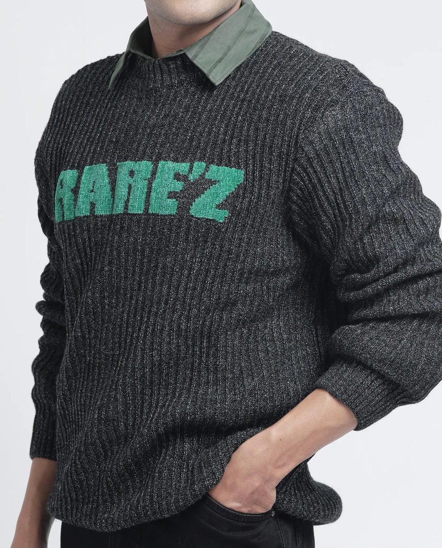 Rare Rabbit Men's Batten Dark Grey Cotton Brand Logo Print Regular Fit Full Sleeve Crew Neck Sweater