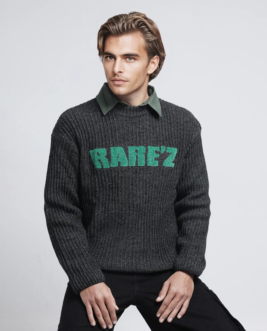 Rare Rabbit Men's Batten Dark Grey Cotton Brand Logo Print Regular Fit Full Sleeve Crew Neck Sweater