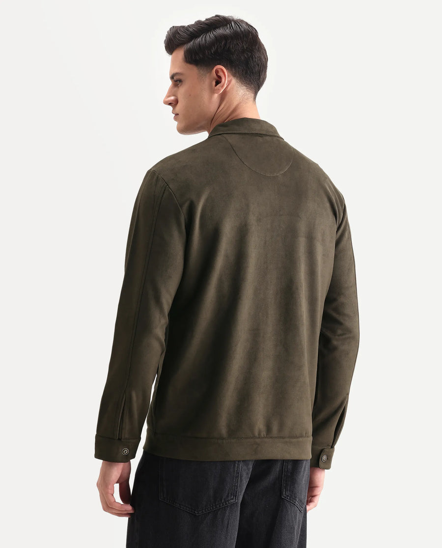 Rare Rabbit Men's Bax-25 Dark Olive Polyester Blend Plain Relaxed Fit Full Sleeve Spread Collar Jacket