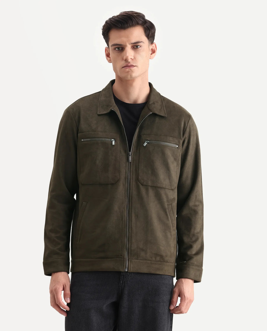 Rare Rabbit Men's Bax-25 Dark Olive Polyester Blend Plain Relaxed Fit Full Sleeve Spread Collar Jacket