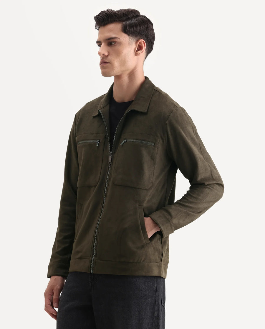 Rare Rabbit Men's Bax-25 Dark Olive Polyester Blend Plain Relaxed Fit Full Sleeve Spread Collar Jacket