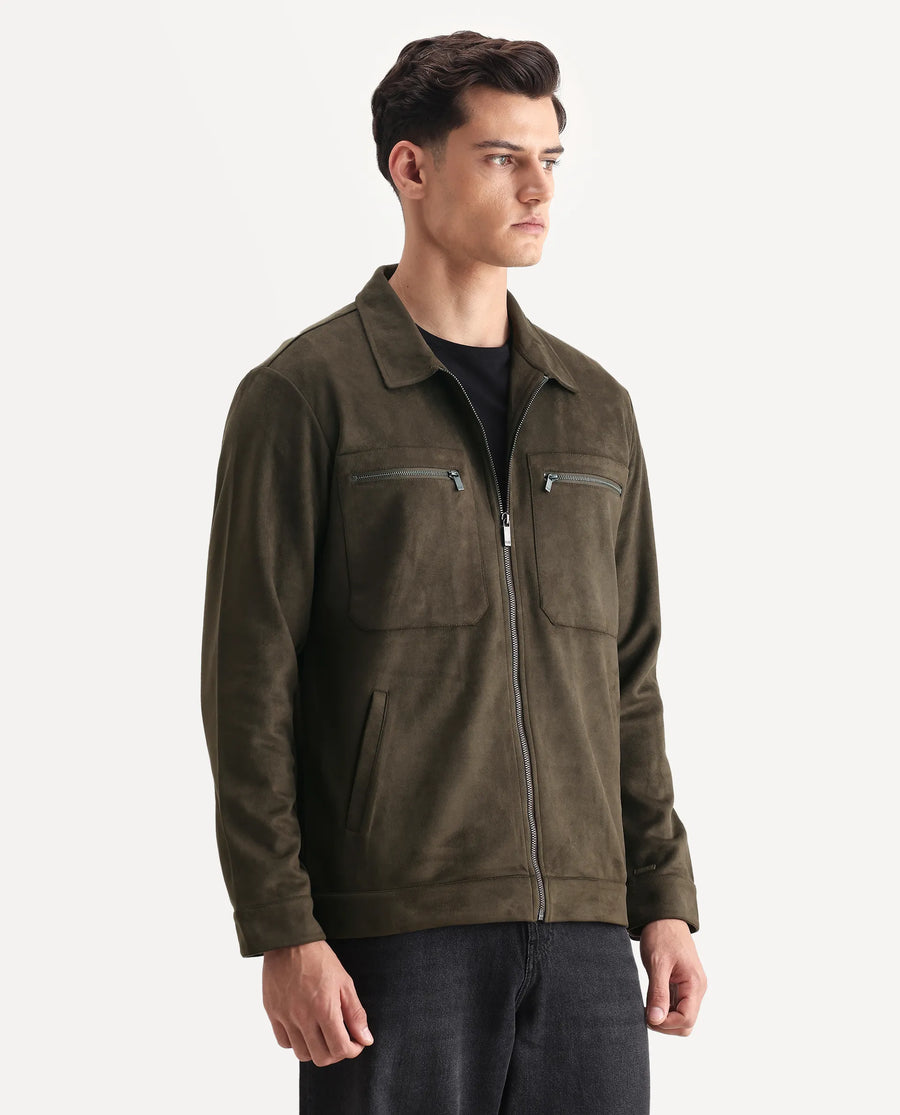 Rare Rabbit Men's Bax-25 Dark Olive Polyester Blend Plain Relaxed Fit Full Sleeve Spread Collar Jacket