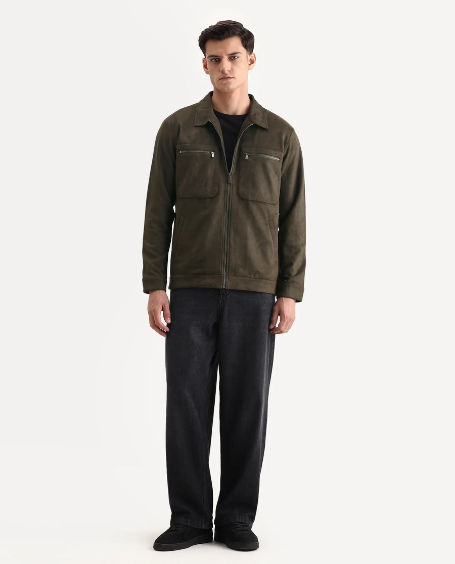 Rare Rabbit Men's Bax-25 Dark Olive Polyester Blend Plain Relaxed Fit Full Sleeve Spread Collar Jacket