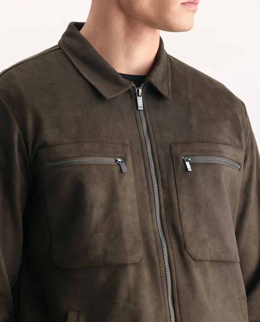 Rare Rabbit Men's Bax-25 Dark Olive Polyester Blend Plain Relaxed Fit Full Sleeve Spread Collar Jacket