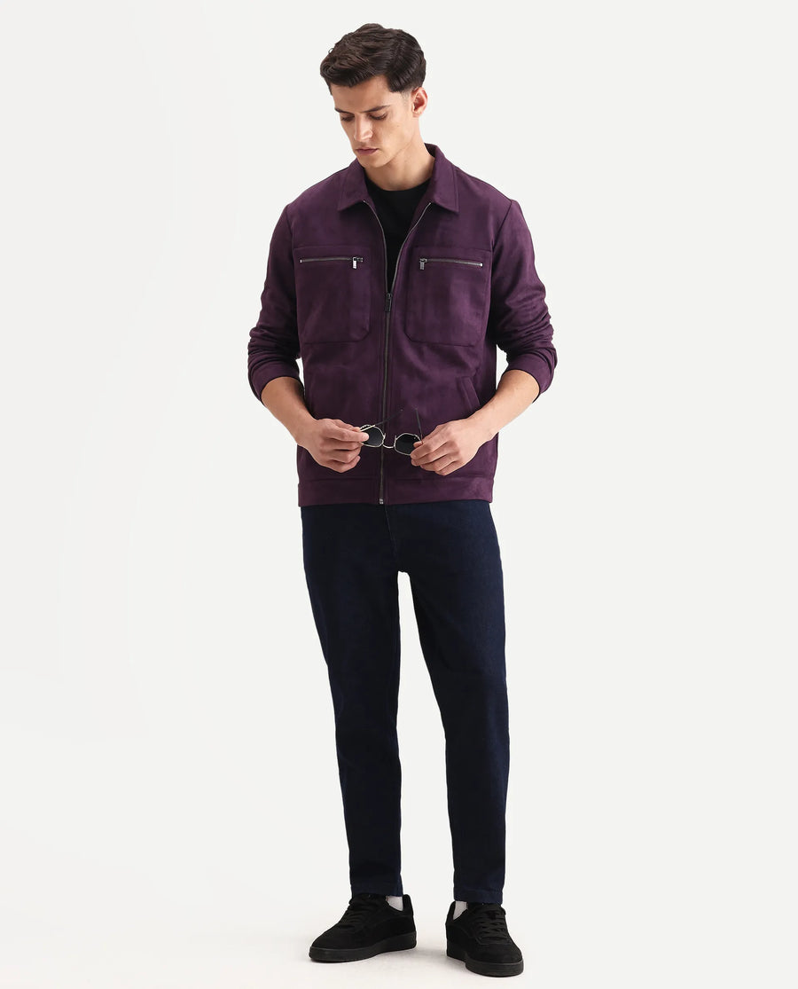 Rare Rabbit Men's Bax-25 Purple Polyester Blend Plain Relaxed Fit Full Sleeve Spread Collar Jacket