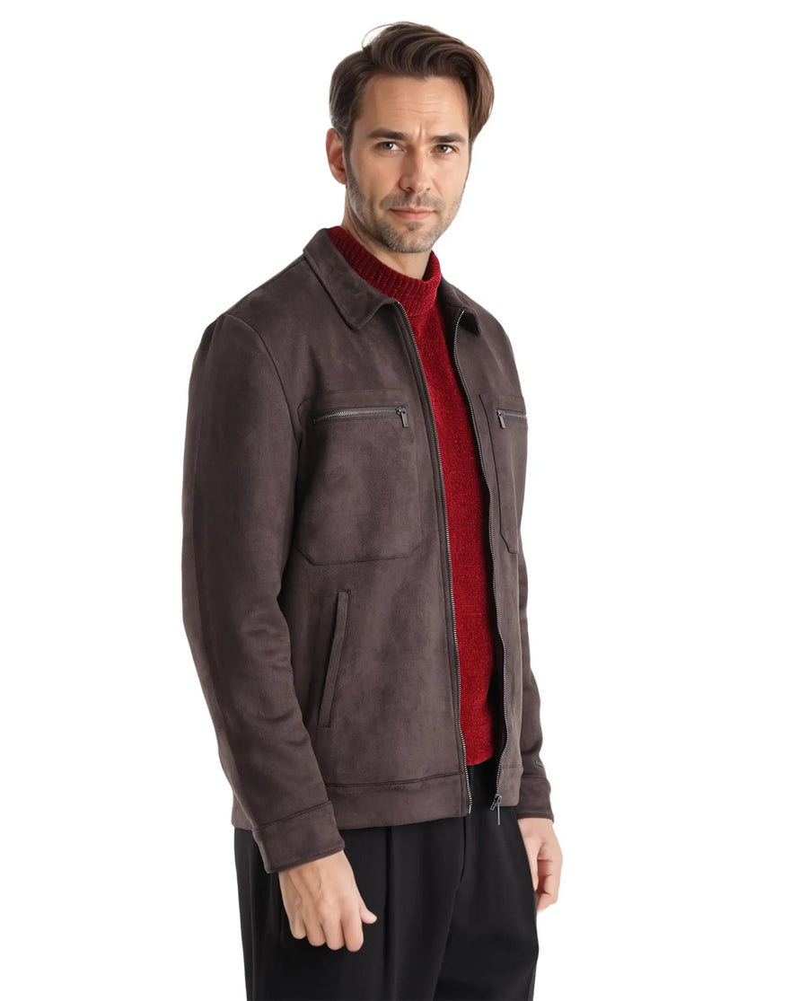 Rare Rabbit Men's Bax-3 Dark Brown Polyester Blend Plain Relaxed Fit Full Sleeve Spread Collar Jacket