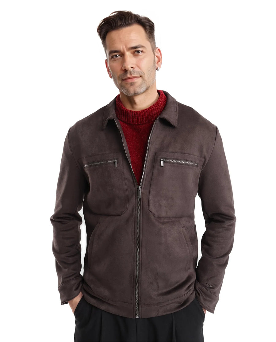 Rare Rabbit Men's Bax-3 Dark Brown Polyester Blend Plain Relaxed Fit Full Sleeve Spread Collar Jacket