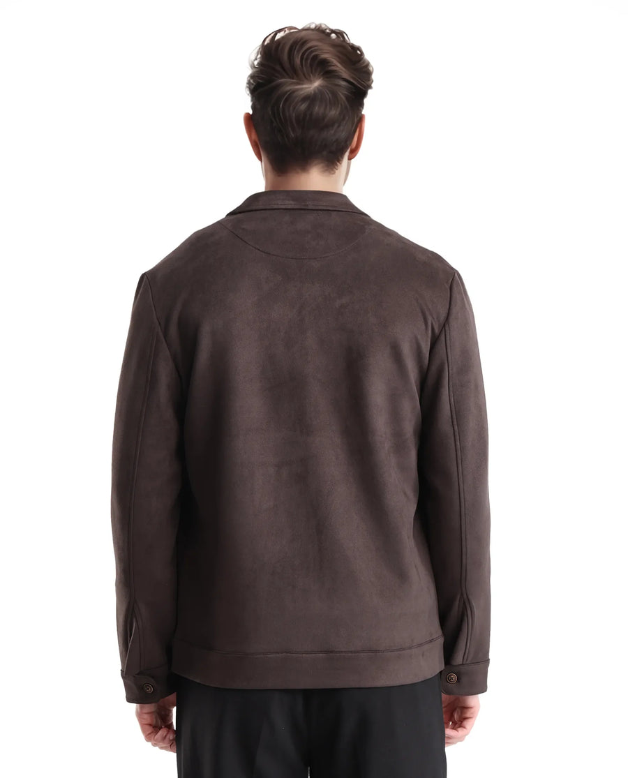 Rare Rabbit Men's Bax-3 Dark Brown Polyester Blend Plain Relaxed Fit Full Sleeve Spread Collar Jacket