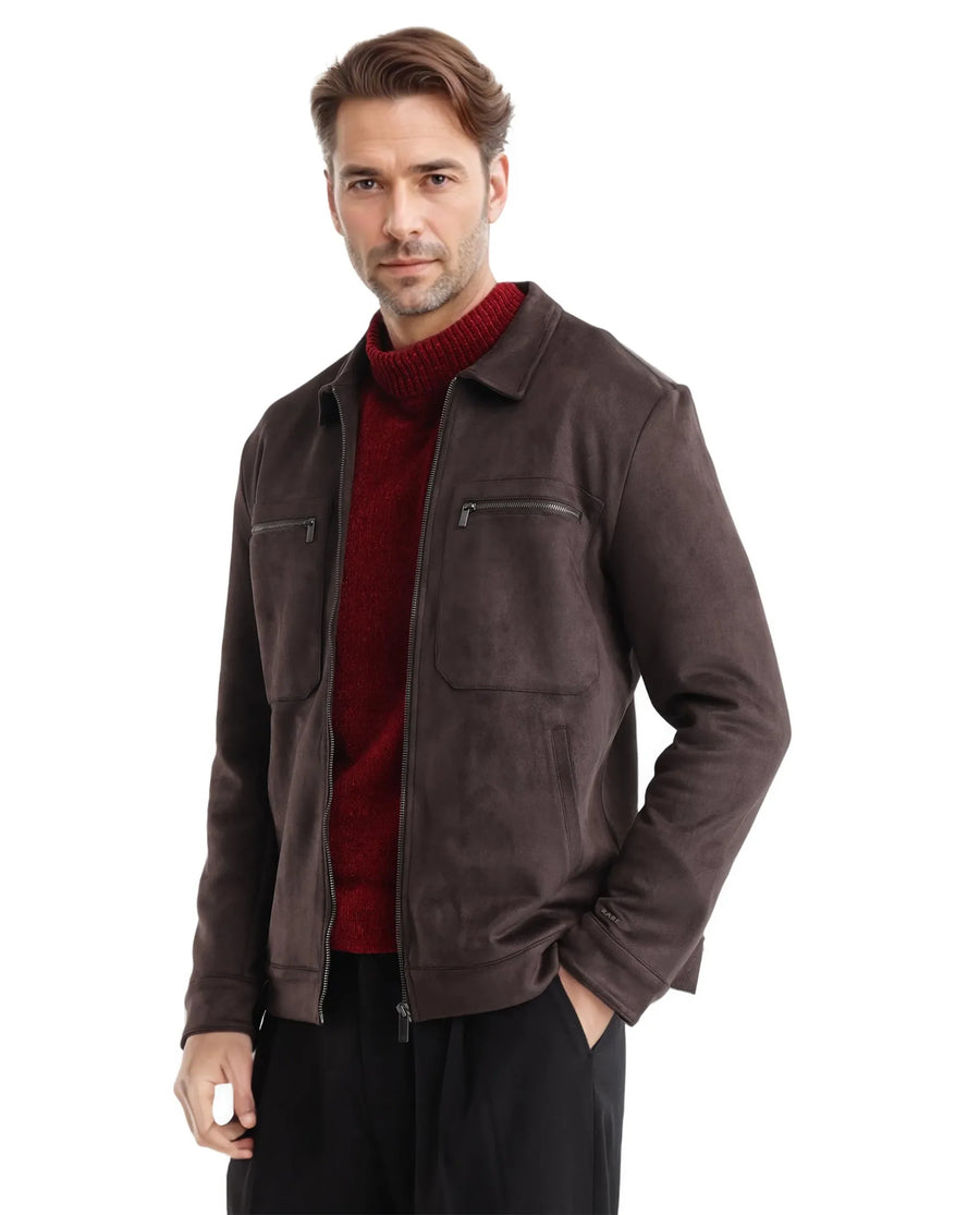 Rare Rabbit Men's Bax-3 Dark Brown Polyester Blend Plain Relaxed Fit Full Sleeve Spread Collar Jacket