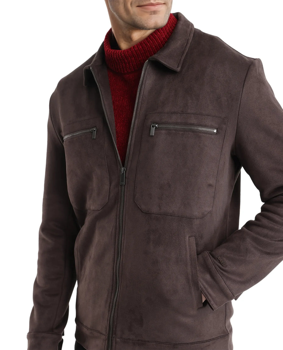 Rare Rabbit Men's Bax-3 Dark Brown Polyester Blend Plain Relaxed Fit Full Sleeve Spread Collar Jacket