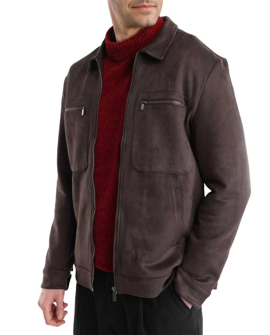 Rare Rabbit Men's Bax-3 Dark Brown Polyester Blend Plain Relaxed Fit Full Sleeve Spread Collar Jacket