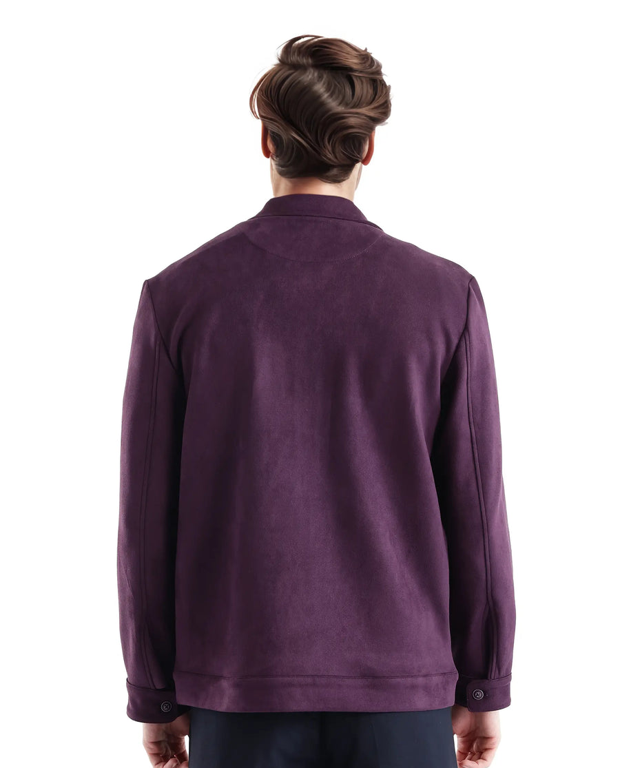 Rare Rabbit Men's Bax-3 Dark Purple Polyester Plain Relaxed Fit Full Sleeve Spread Collar Jacket