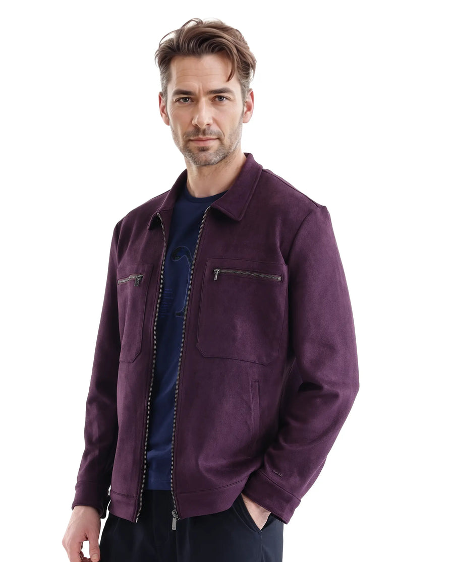 Rare Rabbit Men's Bax-3 Dark Purple Polyester Plain Relaxed Fit Full Sleeve Spread Collar Jacket