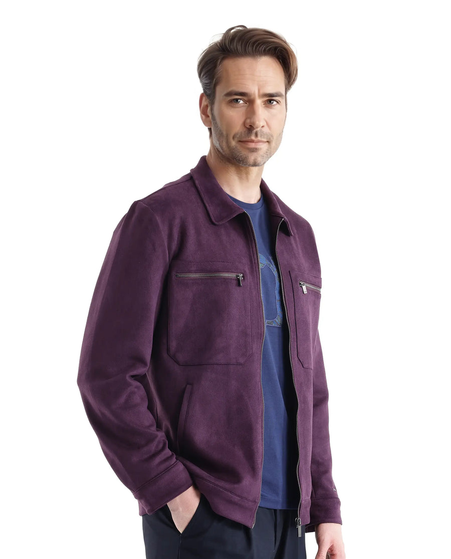 Rare Rabbit Men's Bax-3 Dark Purple Polyester Plain Relaxed Fit Full Sleeve Spread Collar Jacket