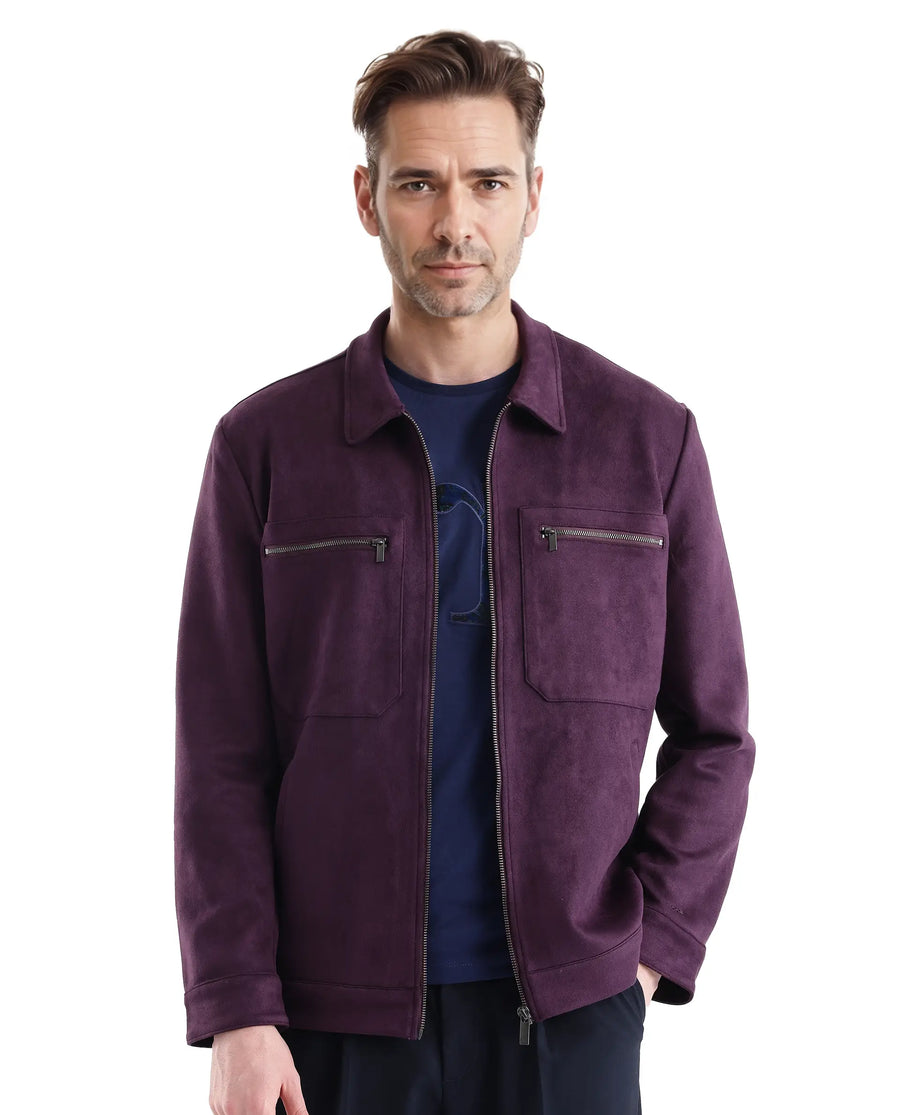 Rare Rabbit Men's Bax-3 Dark Purple Polyester Plain Relaxed Fit Full Sleeve Spread Collar Jacket