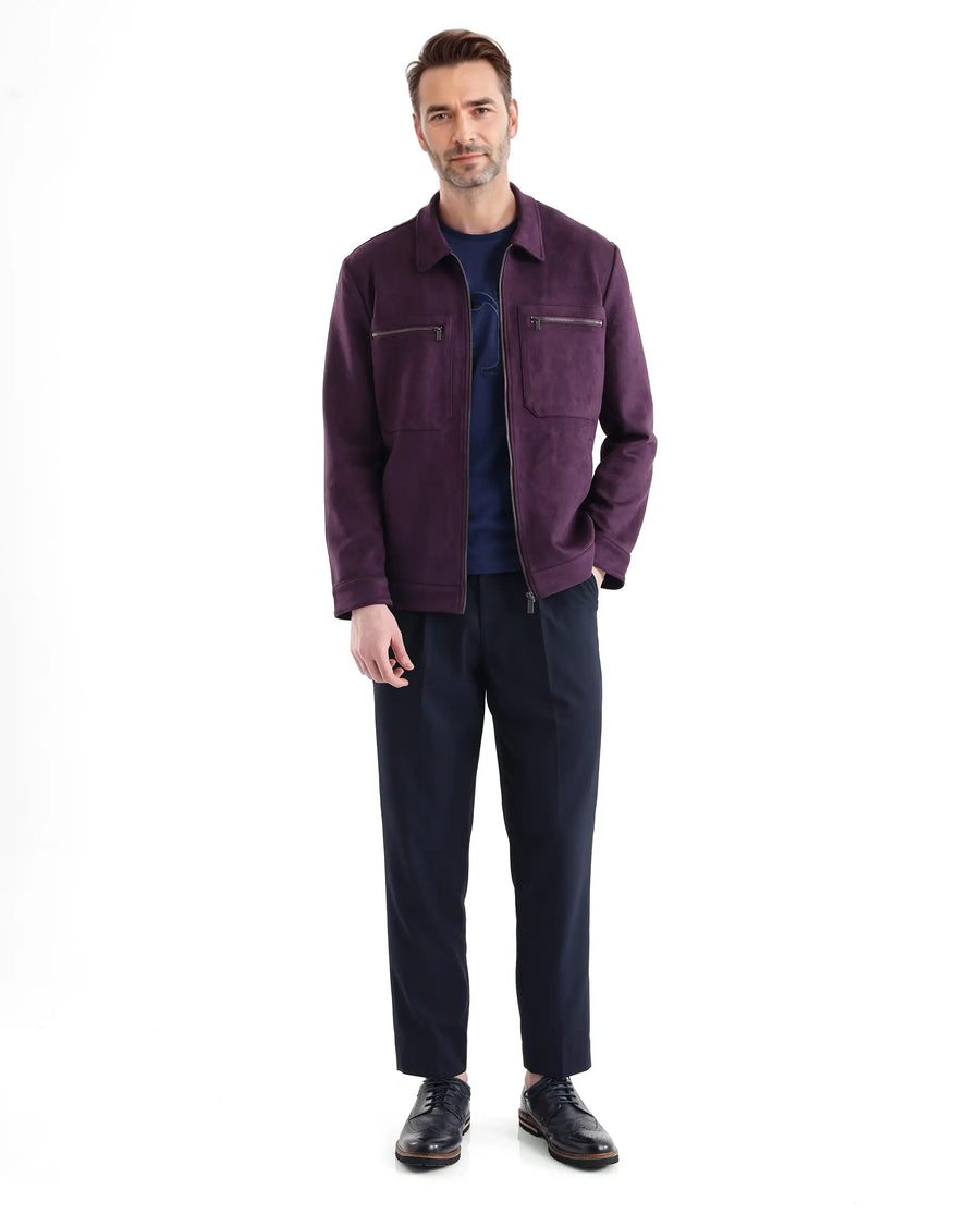 Rare Rabbit Men's Bax-3 Dark Purple Polyester Plain Relaxed Fit Full Sleeve Spread Collar Jacket
