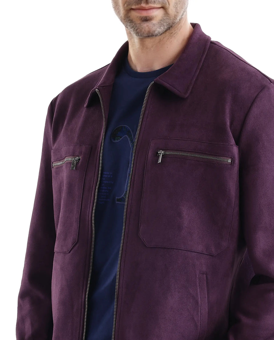 Rare Rabbit Men's Bax-3 Dark Purple Polyester Plain Relaxed Fit Full Sleeve Spread Collar Jacket