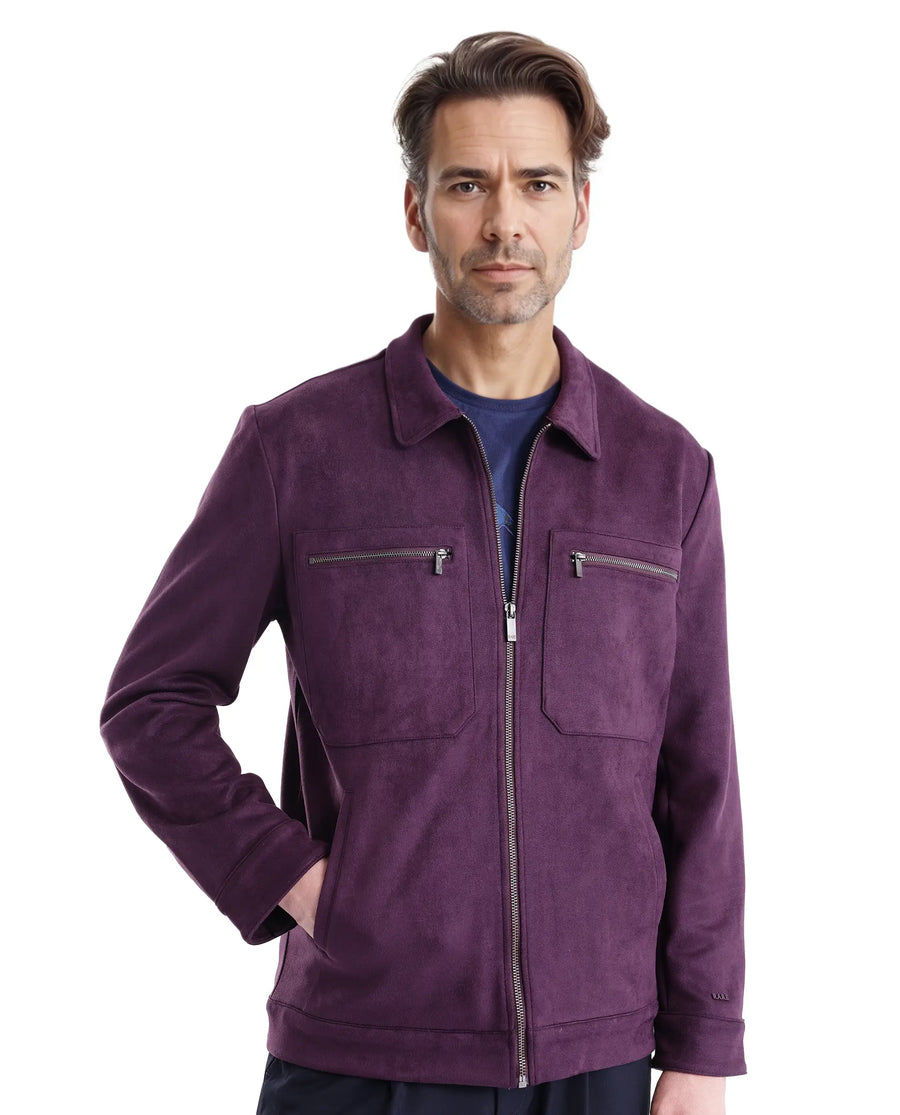 Rare Rabbit Men's Bax-3 Dark Purple Polyester Plain Relaxed Fit Full Sleeve Spread Collar Jacket