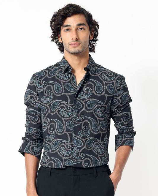 Rare Rabbit Men's Baxon Black Viscose Paisley Print Regular Fit Full Sleeve Collared Shirt