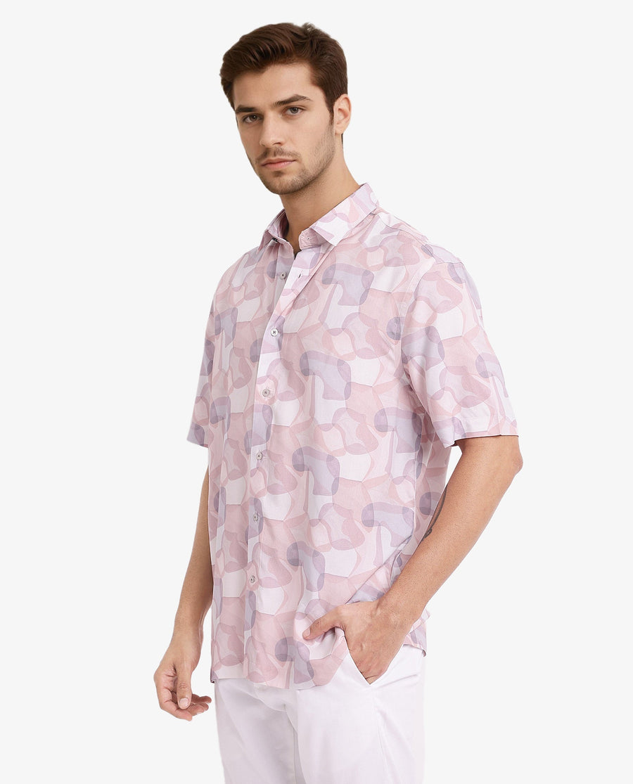 Rare Rabbit Men's Baykal Light Brown Viscose Abstract Print Regular Fit Half Sleeve Collared Shirt