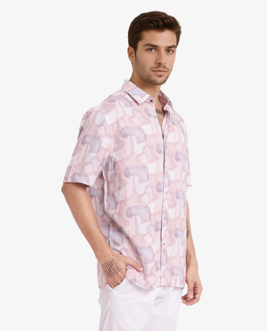 Rare Rabbit Men's Baykal Light Brown Viscose Abstract Print Regular Fit Half Sleeve Collared Shirt