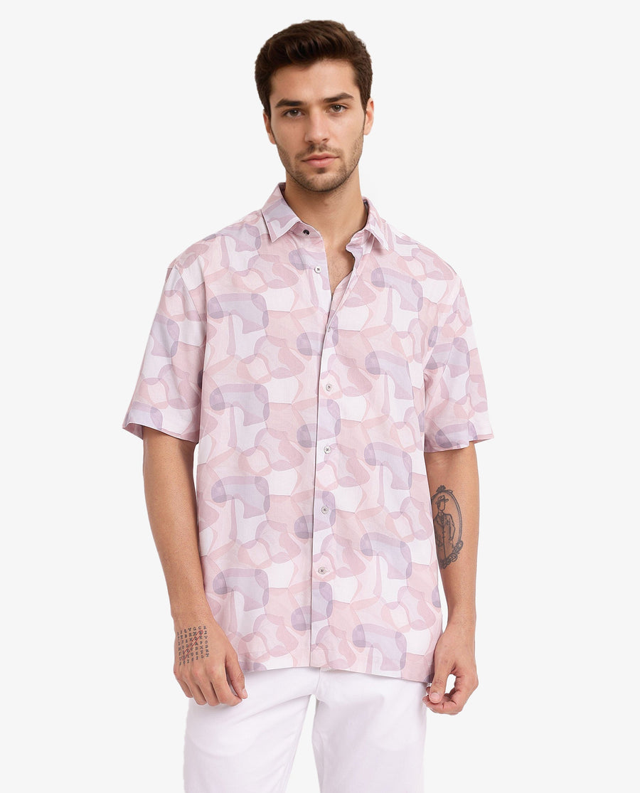 Rare Rabbit Men's Baykal Light Brown Viscose Abstract Print Regular Fit Half Sleeve Collared Shirt