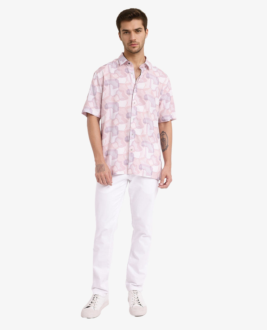 Rare Rabbit Men's Baykal Light Brown Viscose Abstract Print Regular Fit Half Sleeve Collared Shirt