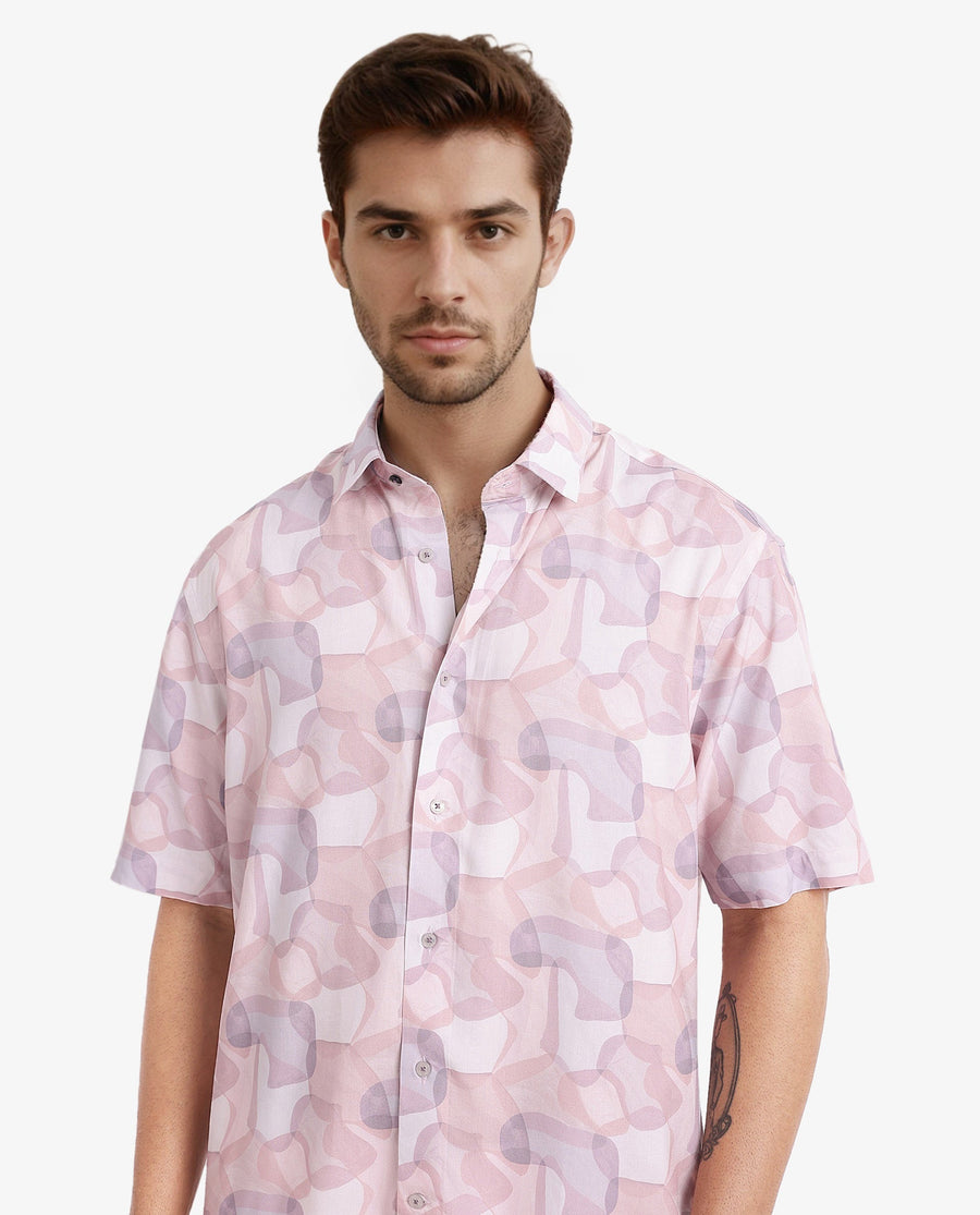 Rare Rabbit Men's Baykal Light Brown Viscose Abstract Print Regular Fit Half Sleeve Collared Shirt