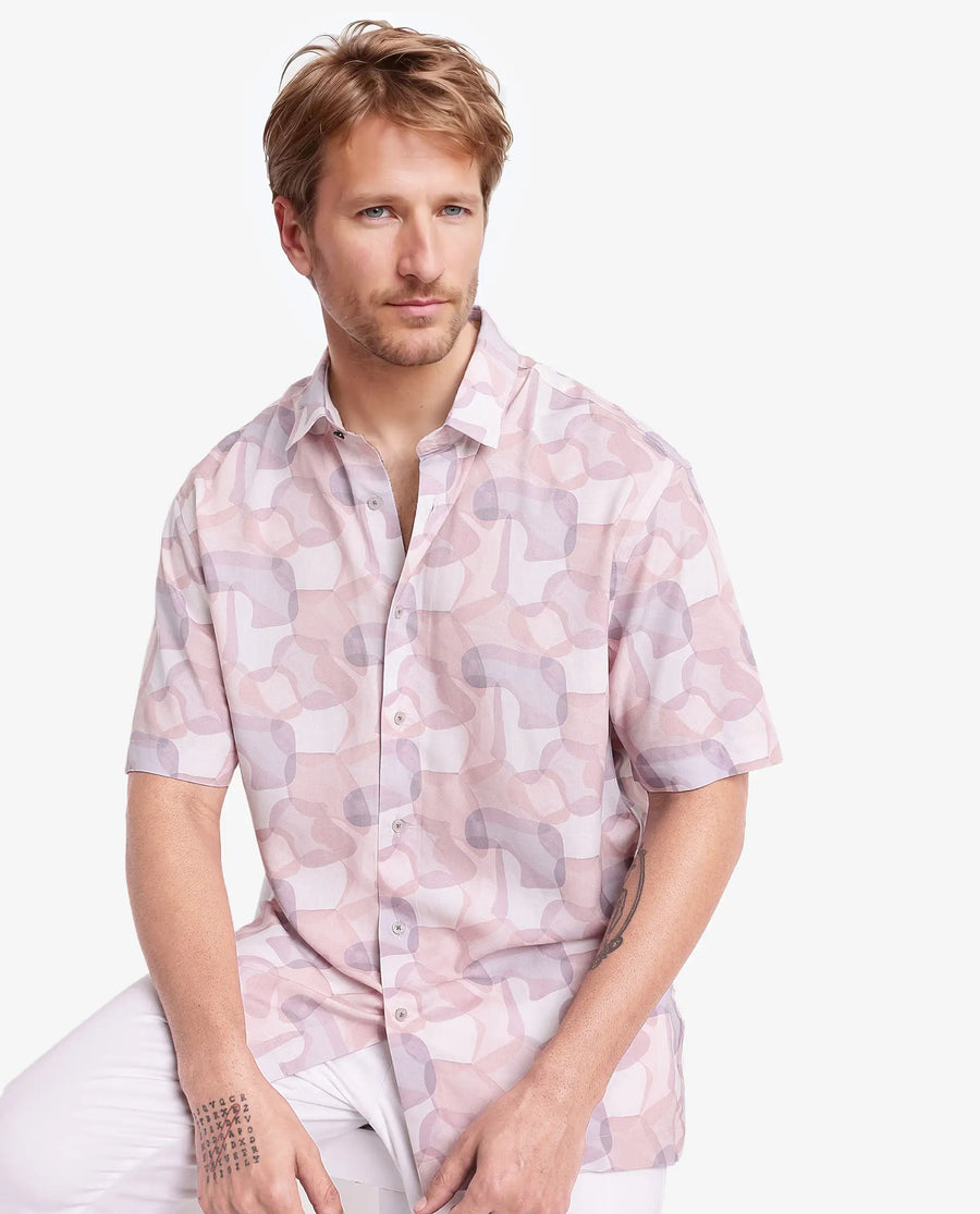 Rare Rabbit Men's Baykal Light Brown Viscose Abstract Print Regular Fit Half Sleeve Collared Shirt