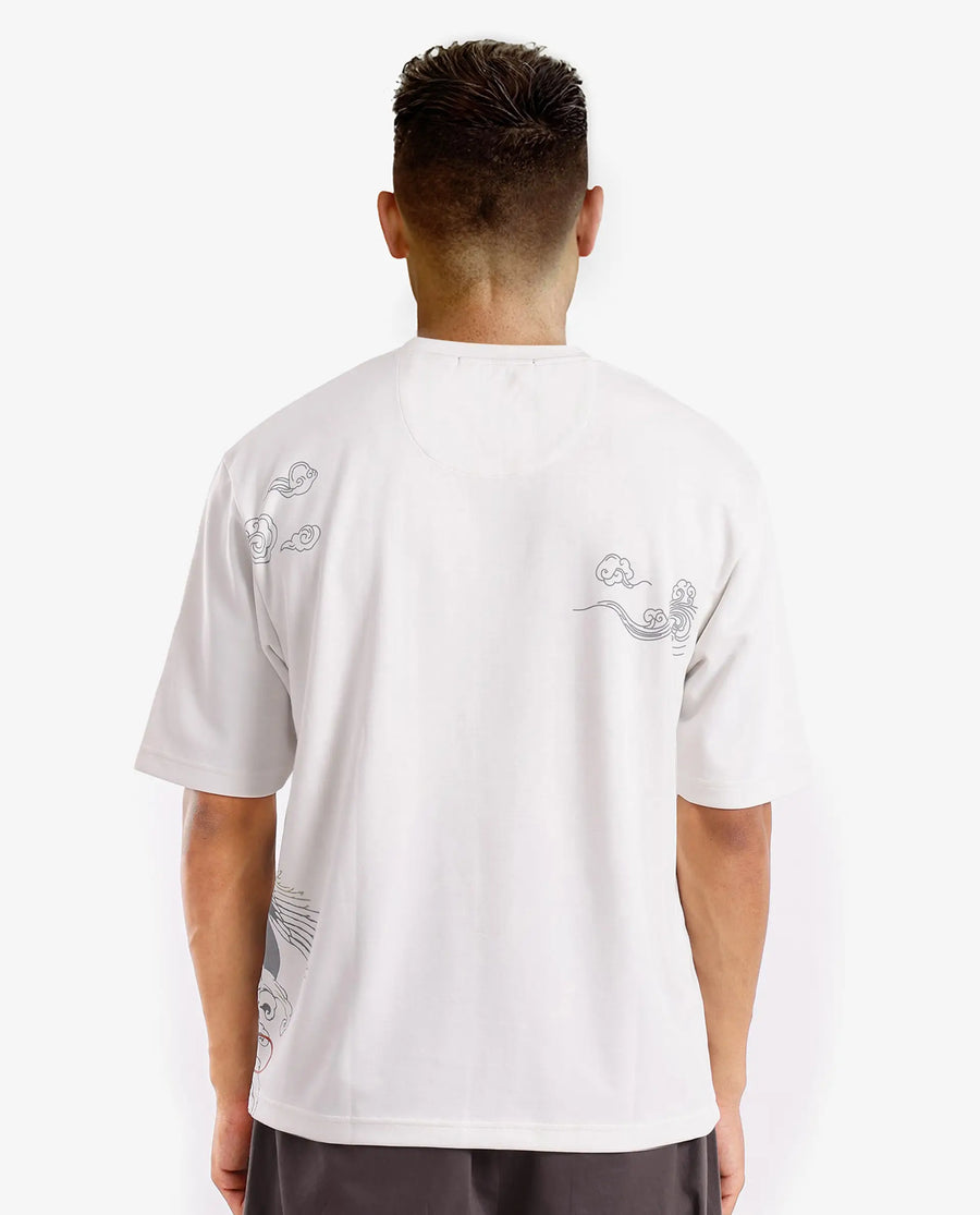 Rare Rabbit Men's Bazy Off White Cotton Graphic Print Oversized Fit Half Sleeve Crew Neck T-Shirt