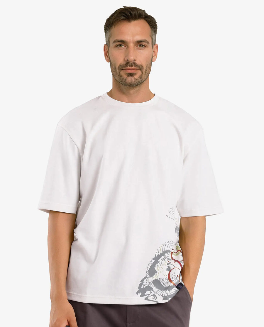 Rare Rabbit Men's Bazy Off White Cotton Graphic Print Oversized Fit Half Sleeve Crew Neck T-Shirt