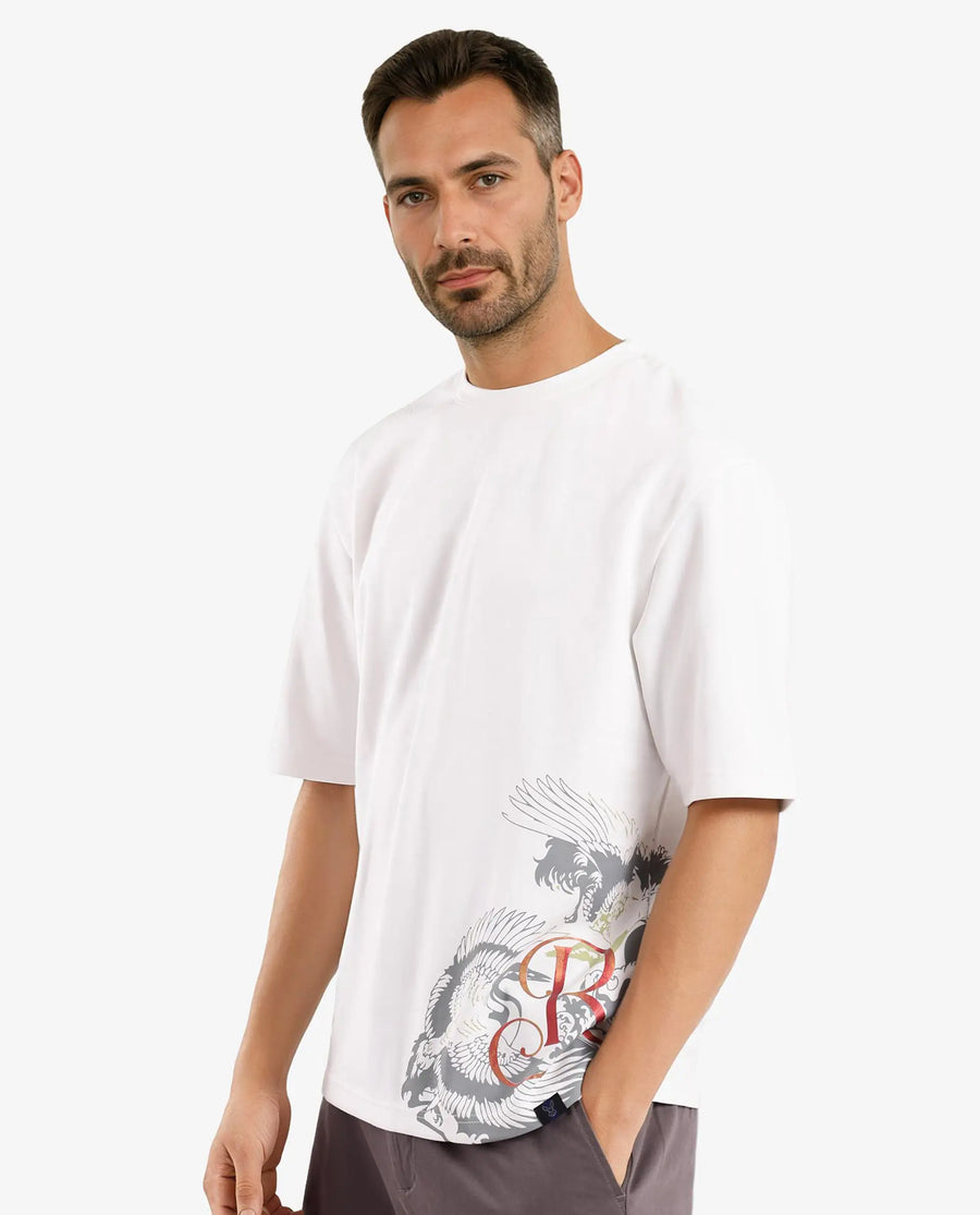 Rare Rabbit Men's Bazy Off White Cotton Graphic Print Oversized Fit Half Sleeve Crew Neck T-Shirt
