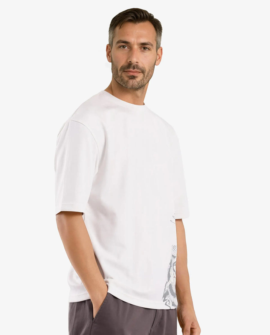 Rare Rabbit Men's Bazy Off White Cotton Graphic Print Oversized Fit Half Sleeve Crew Neck T-Shirt