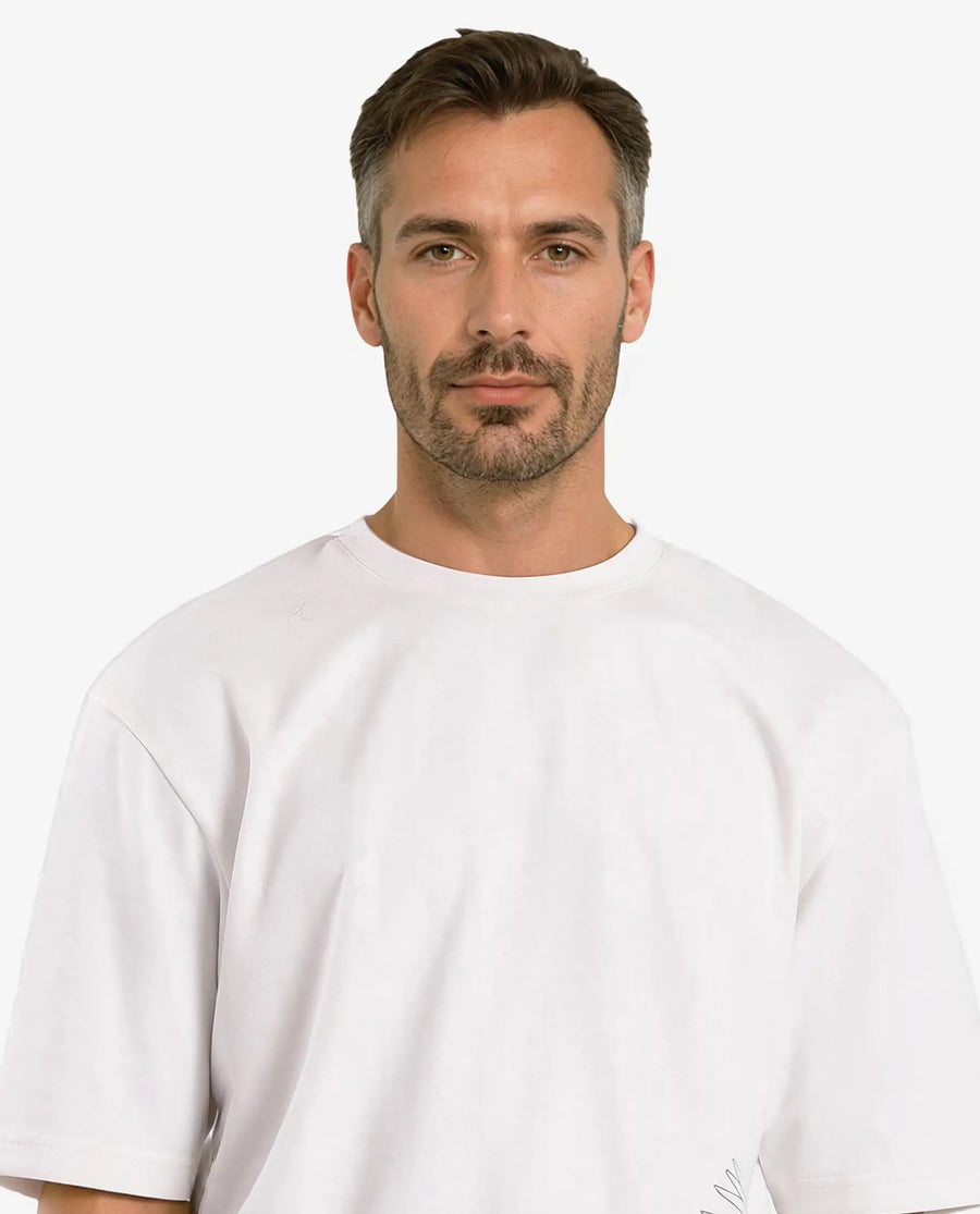 Rare Rabbit Men's Bazy Off White Cotton Graphic Print Oversized Fit Half Sleeve Crew Neck T-Shirt