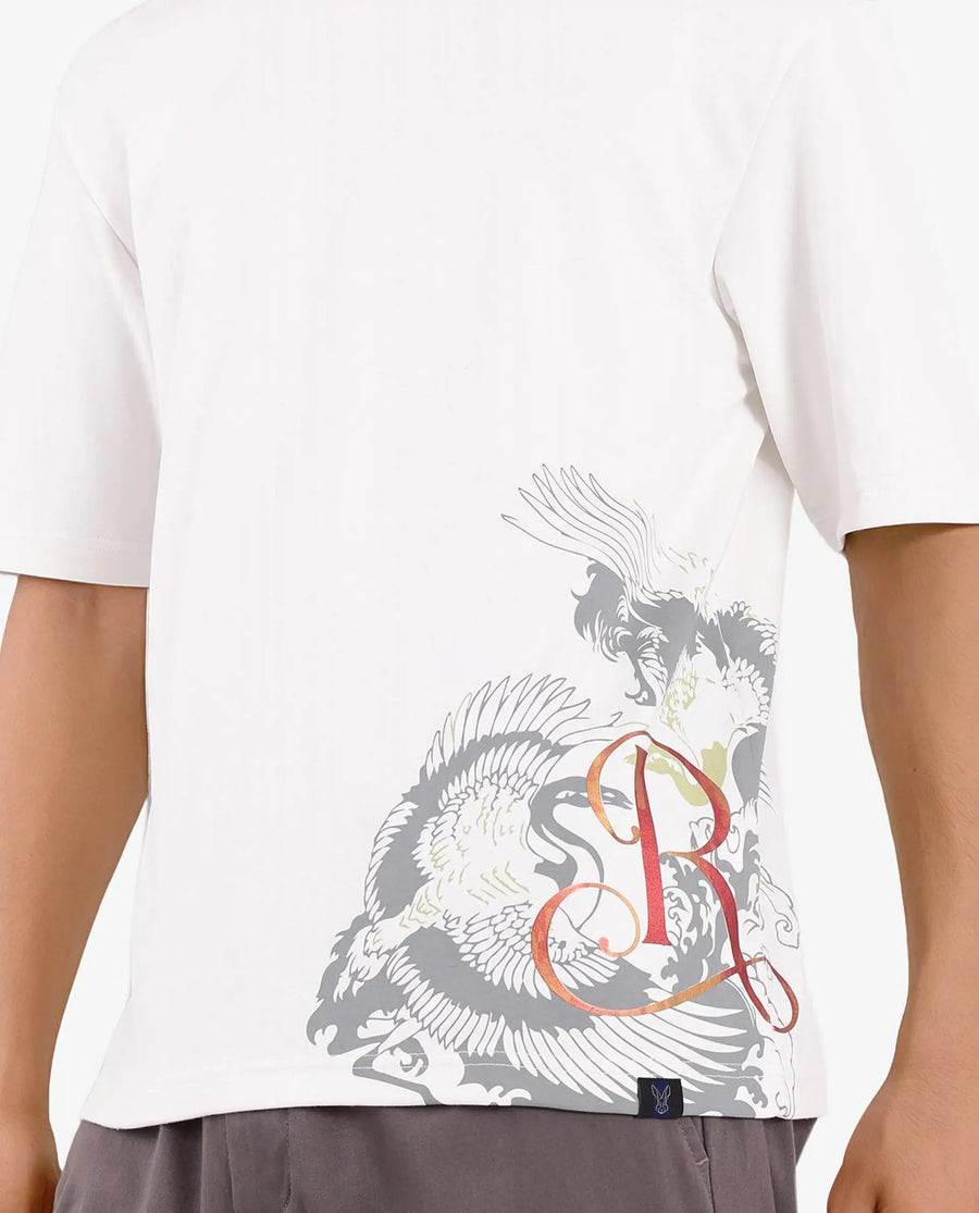Rare Rabbit Men's Bazy Off White Cotton Graphic Print Oversized Fit Half Sleeve Crew Neck T-Shirt