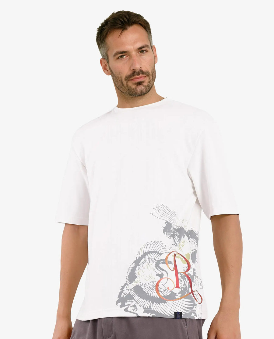 Rare Rabbit Men's Bazy Off White Cotton Graphic Print Oversized Fit Half Sleeve Crew Neck T-Shirt