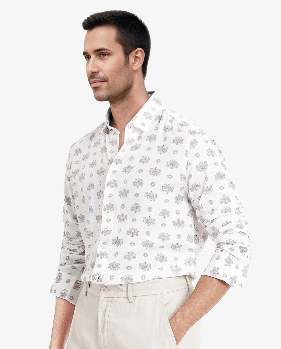 Rare Rabbit Men's Beau White Viscose Floral Print Regular Fit Full Sleeve Collared Shirt
