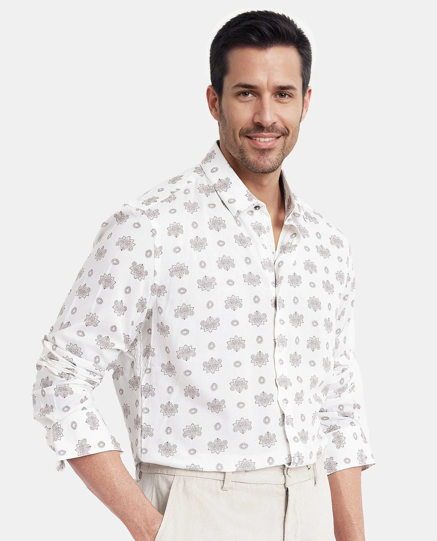 Rare Rabbit Men's Beau White Viscose Floral Print Regular Fit Full Sleeve Collared Shirt