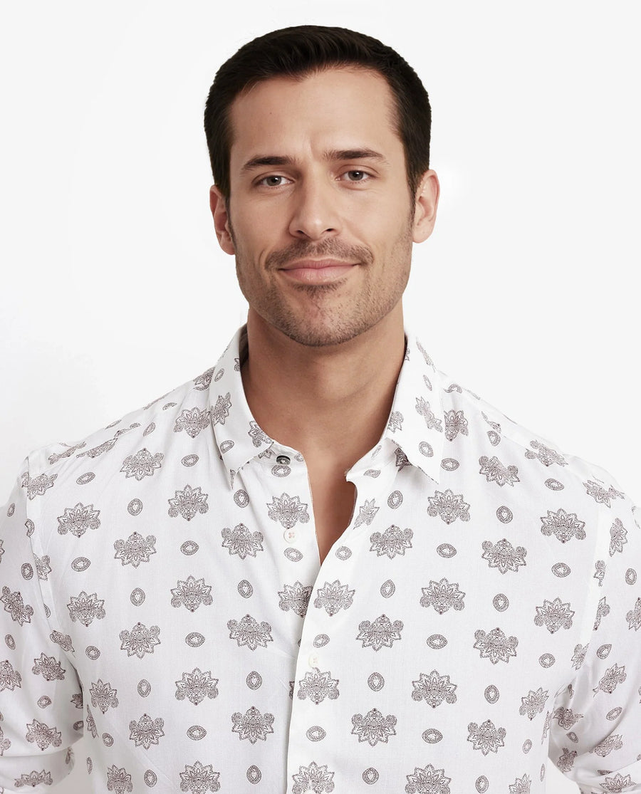 Rare Rabbit Men's Beau White Viscose Floral Print Regular Fit Full Sleeve Collared Shirt