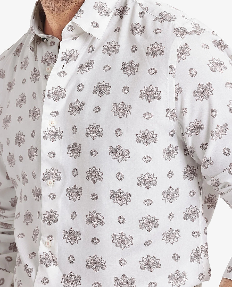 Rare Rabbit Men's Beau White Viscose Floral Print Regular Fit Full Sleeve Collared Shirt
