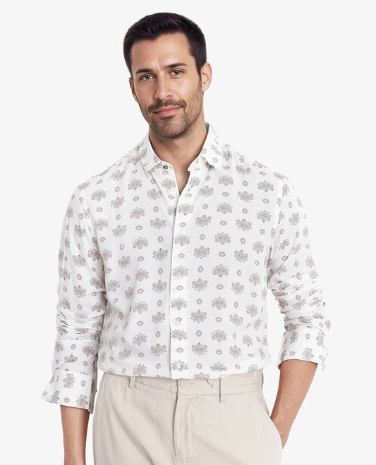 Rare Rabbit Men's Beau White Viscose Floral Print Regular Fit Full Sleeve Collared Shirt