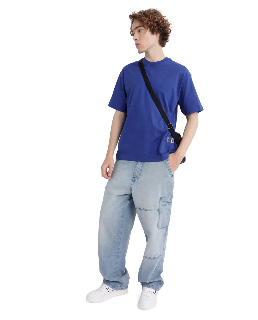 Rare Rabbit Men's Belet Blue Cotton Hd Print Oversized Fit Half Sleeve Crew Neck T-Shirt