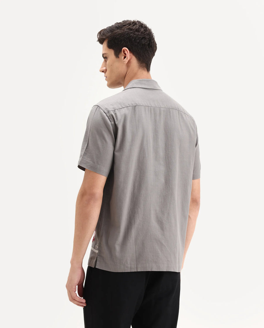 Rare Rabbit Men's Bellac Grey Cotton Embroidered Relaxed Fit Half Sleeve Cuban Collar Shirt