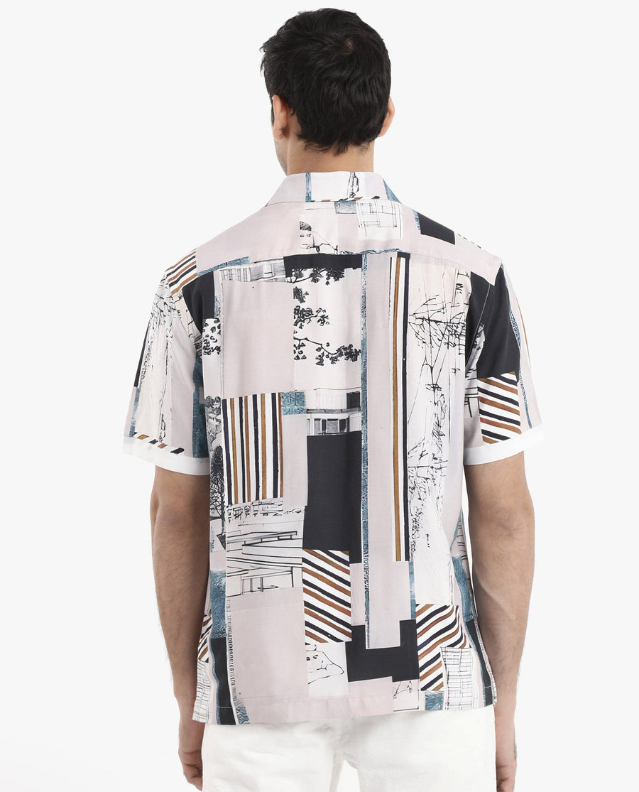 Rare Rabbit Men's Bellatrix White Viscose Abstract Print Boxy Fit Half Sleeve Collared Shirt
