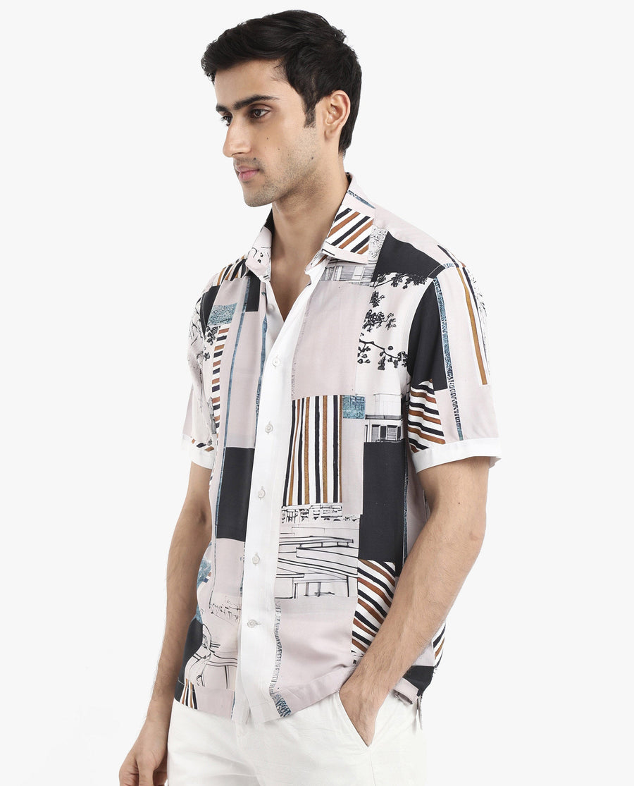 Rare Rabbit Men's Bellatrix White Viscose Abstract Print Boxy Fit Half Sleeve Collared Shirt