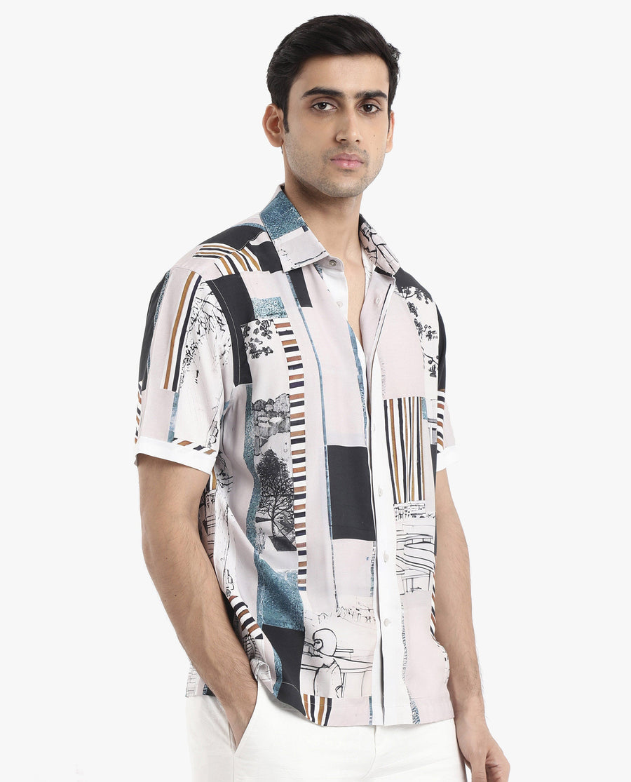 Rare Rabbit Men's Bellatrix White Viscose Abstract Print Boxy Fit Half Sleeve Collared Shirt