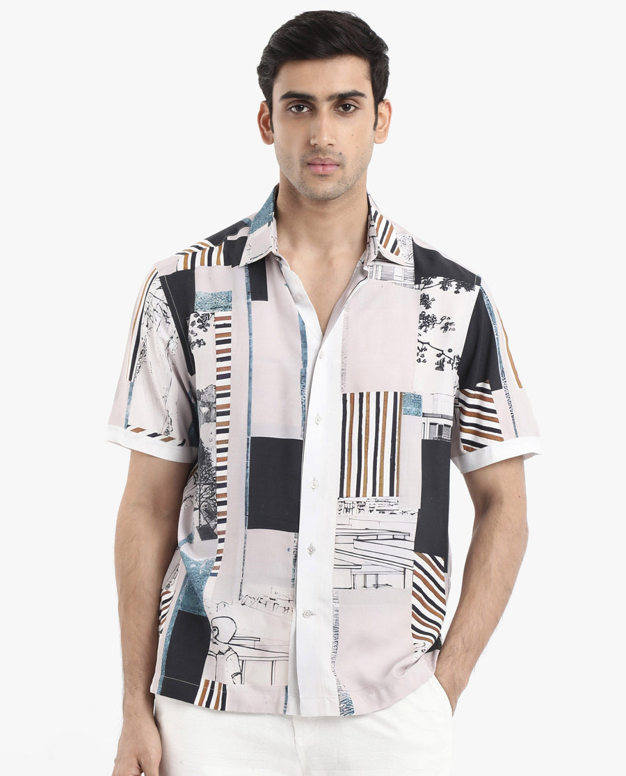 Rare Rabbit Men's Bellatrix White Viscose Abstract Print Boxy Fit Half Sleeve Collared Shirt