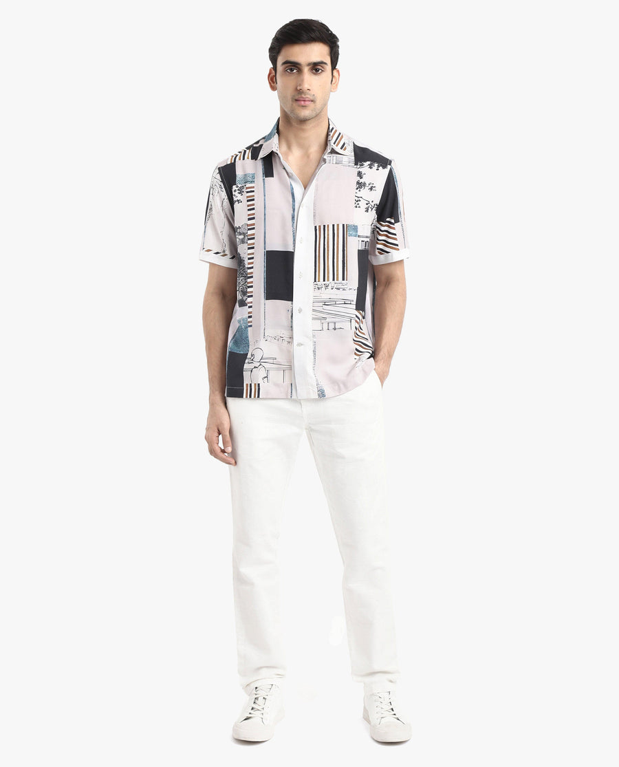 Rare Rabbit Men's Bellatrix White Viscose Abstract Print Boxy Fit Half Sleeve Collared Shirt