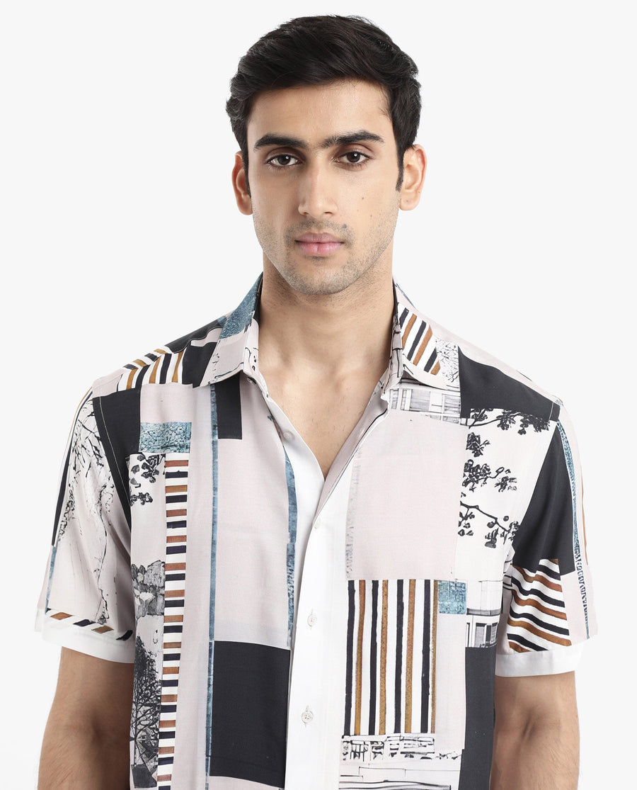 Rare Rabbit Men's Bellatrix White Viscose Abstract Print Boxy Fit Half Sleeve Collared Shirt